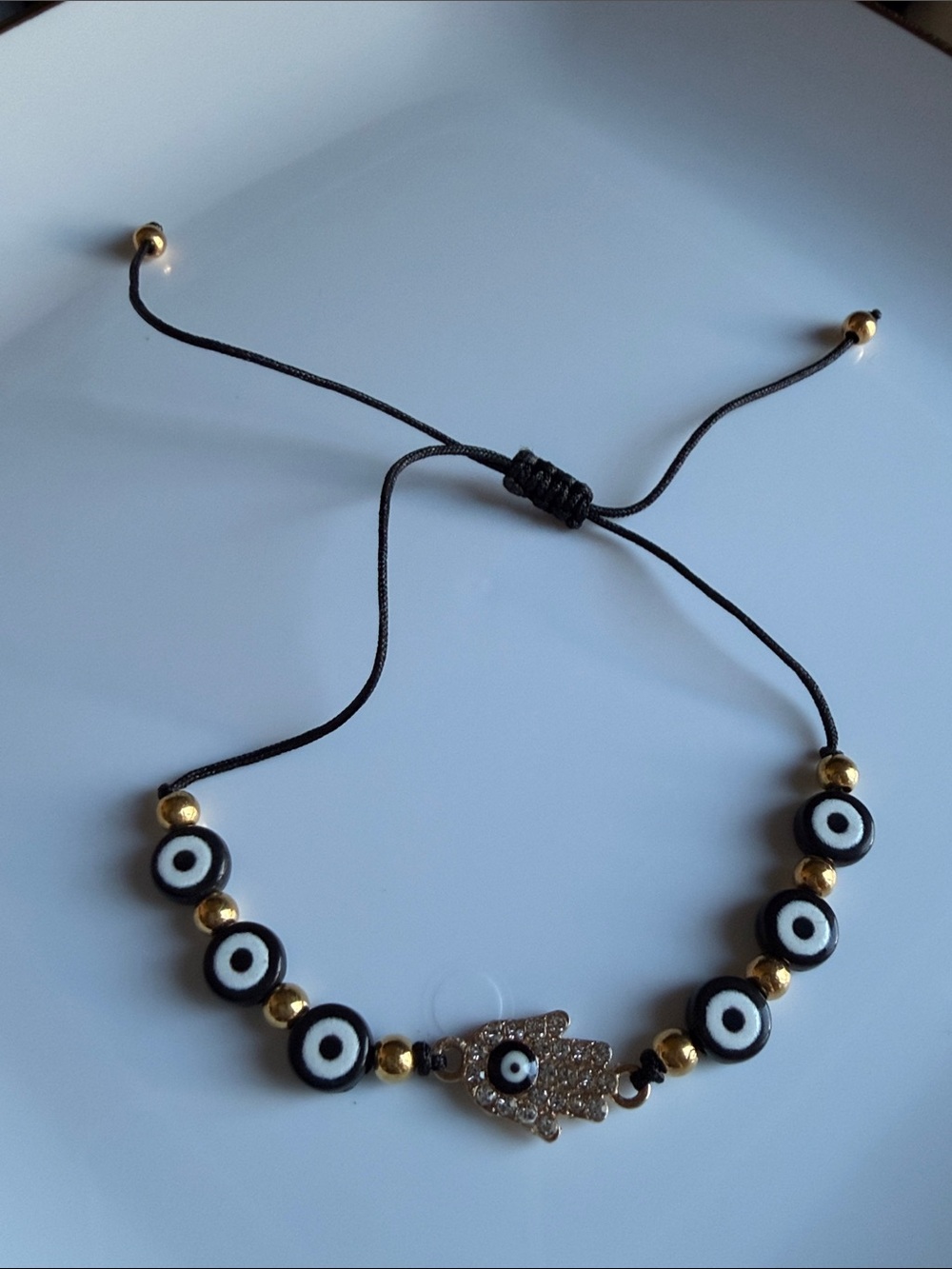 Crystal Hamsa Bracelet with Black Evil Eye Beads Handmade Adjustable Jewelry